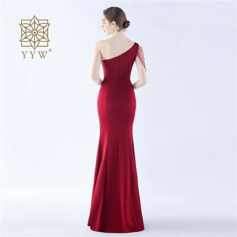 Formal Banquet Women Prom Dress Sexy Cocktail Evening Burgundy Beading Classic Dress Female Mermaid Gala Elegant Dress Side Slip