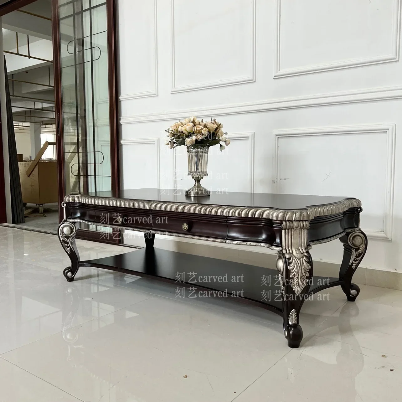 Household living room rectangular coffee table European French engraved drawing silver coffee table