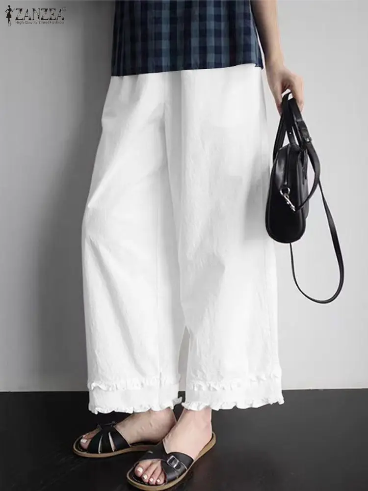 ZANZEA moda pantalones de cintura elástica pantalones largos de mujer 2025 otoño con volantes Casual sólido pantalones de pierna ancha ropa de calle pantalones de trabajo