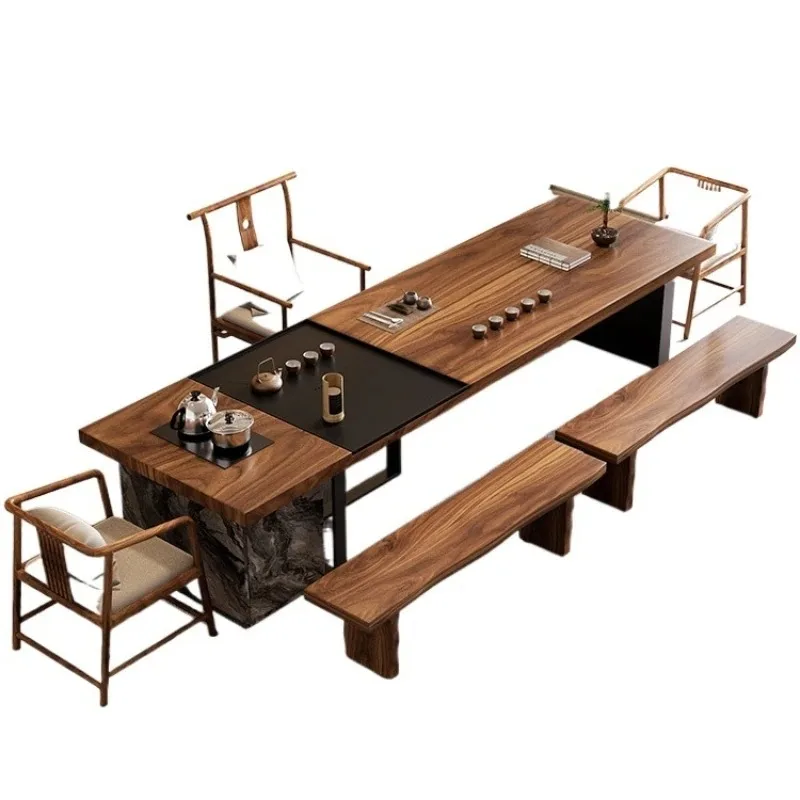 

South American walnut all solid wood tea table and chair combination 2025 new high-end office large board tea table light luxury