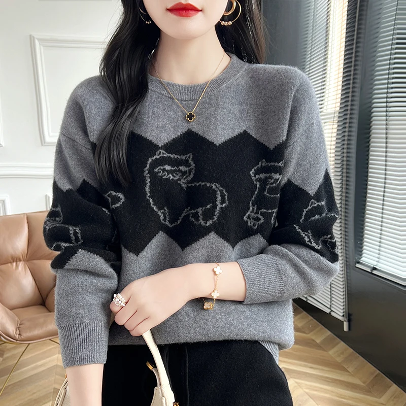 New alpaca pattern 100% Merino wool pullover Cashmere sweater Autumn/Winter Women's O-neck pullover warm bottom knit shirt top