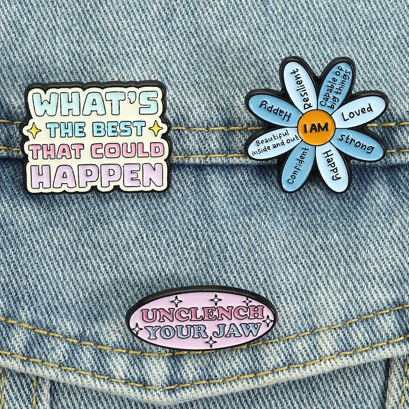Daisy Affirmations Plate Enamel Pins Unclench Your Jaw Brooches Whats The Best That Could Happen Badges Motivations-Schmuck