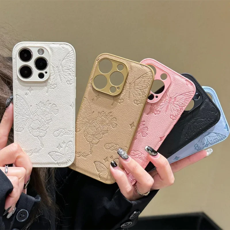 Fashion Retro Solid Color Leather Butterfly Pattern Case For iPhone 15 14 13 12 11 Pro Max Lens Protection Shockproof Back Cover