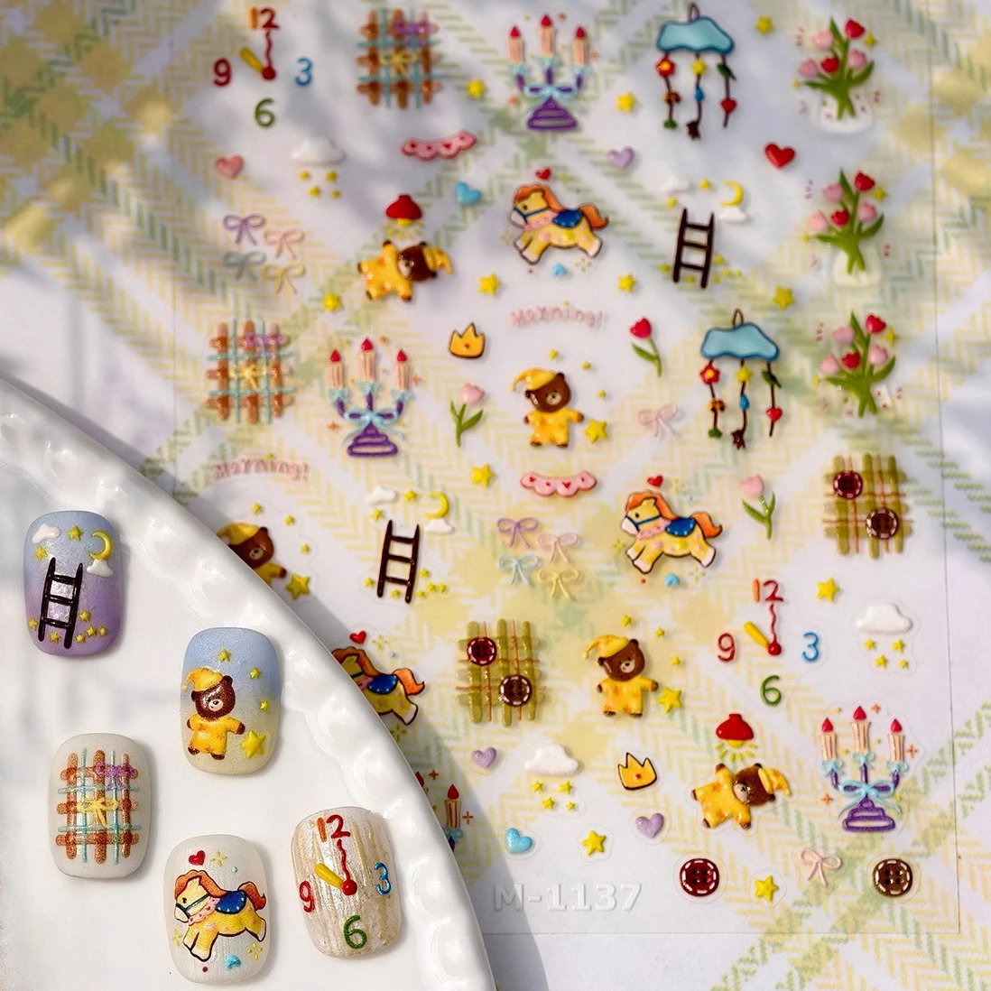 

Cartoon Pony Wind Chime Bear Candle Tulip Flower Love Heart Cloud Bowknot Star Moon Ladder Grid Button Nail Art Stickers Decals