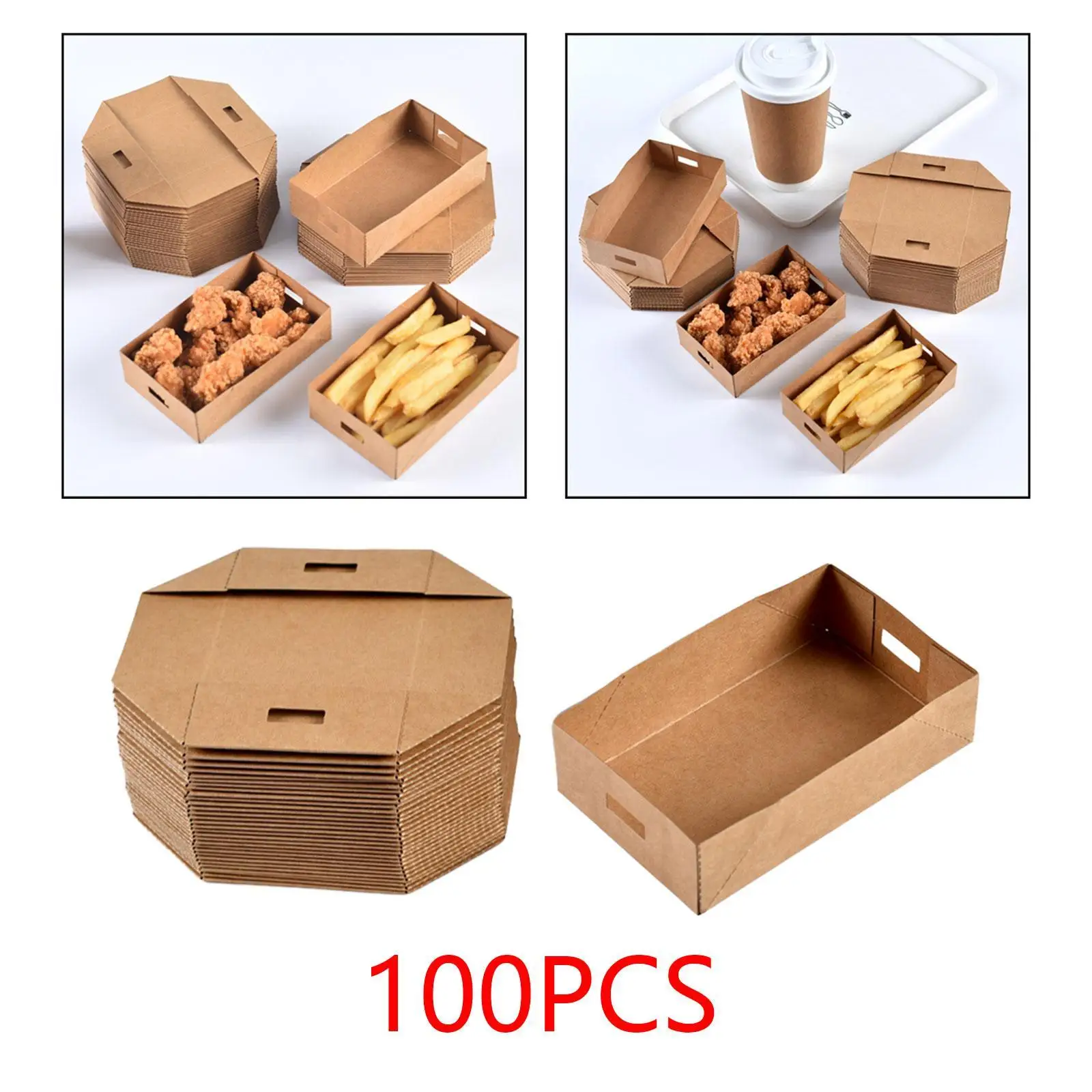 100x Kraft Paper Food Trays Holder Paper Boats Disposable Serving Tray for Fruit Salad Sandwiches Burgers French Fries Nachos