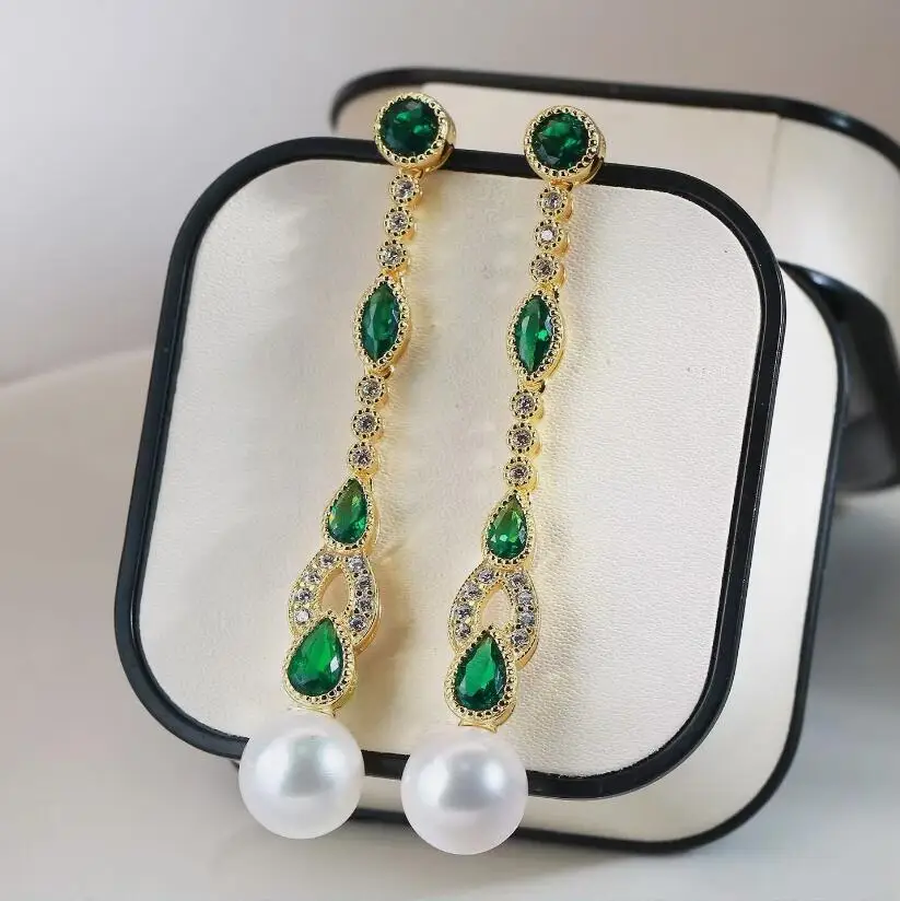 

elegant pair of 10-11mm south sea round white pearl dangle earring 925s