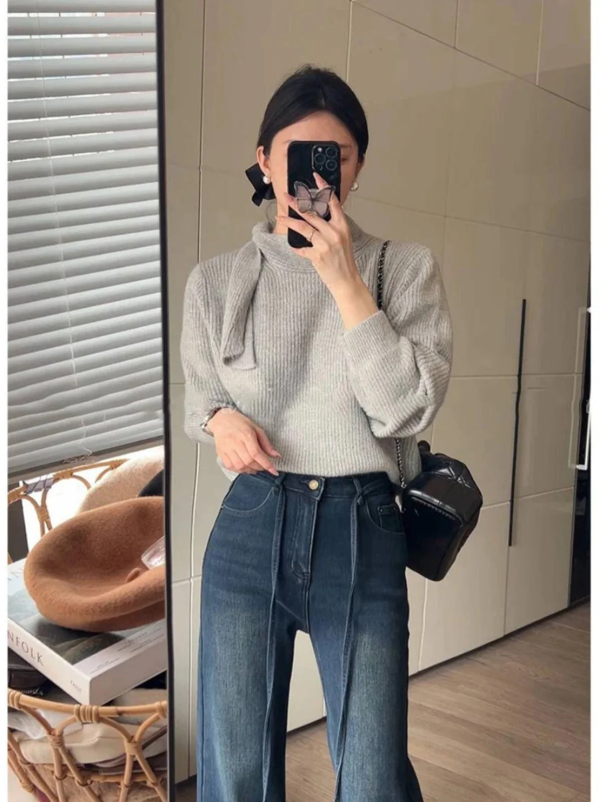 

Ay вязаный свитер женский свободный свитер с высоким воротником и галстуком-бабочкой корейский ретро нежный Sle осень-зима Новое поступление