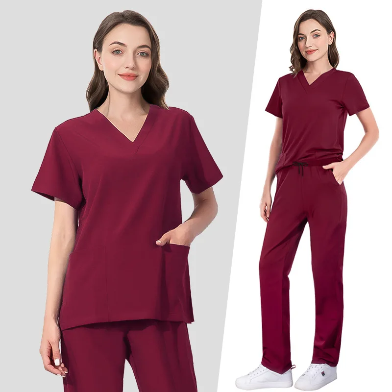 

New Arrival Pet Hospital Uniform Scrub Suits Solid Color Unisex Surgical Gown Pocket V-neck Scrubs Set For Women Joggers