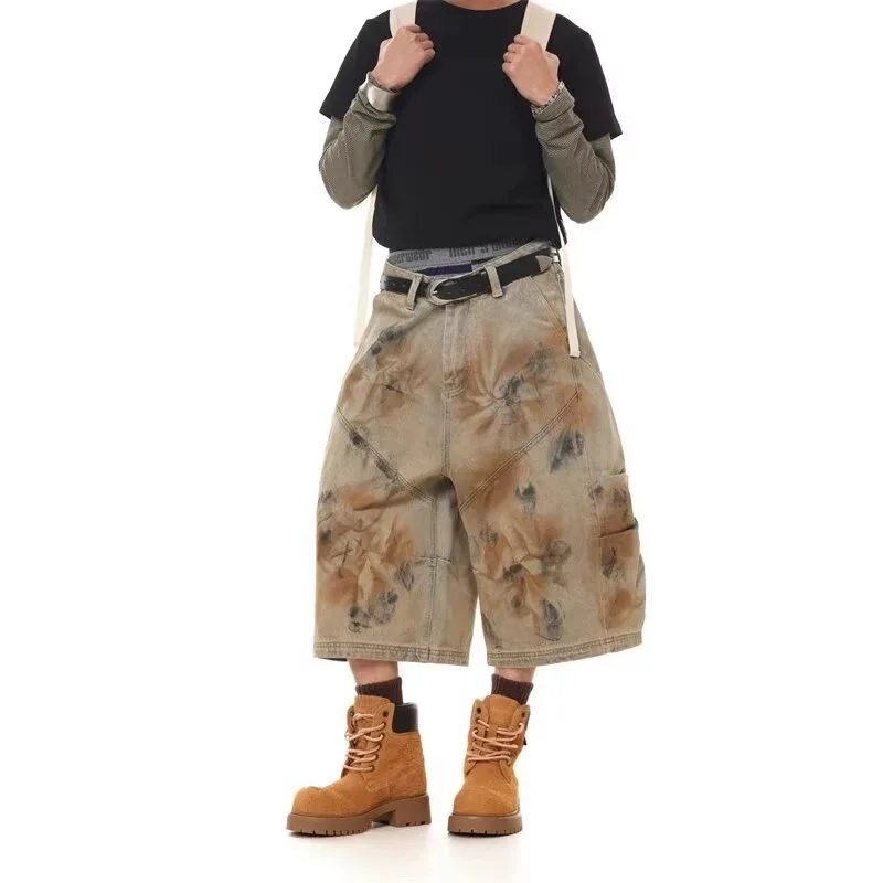 

Retro Wasteland Wind Dirty Dyed Washed Old Denim Shorts Men's Summer Loose Wide-leg Cropped Pants