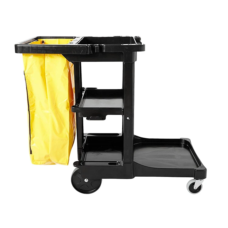

2025Multifunction Hotel Housekeeping Cleaning Trolley Housekeeping Cart With Zippered Yellow Vinyl Bag