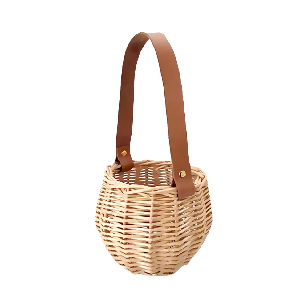 

Rattan Woven Storage Basket Picnic Hanging Baskets With Leather Handle Garden Potted Plant Pot Creative Flower Vase Photo Props