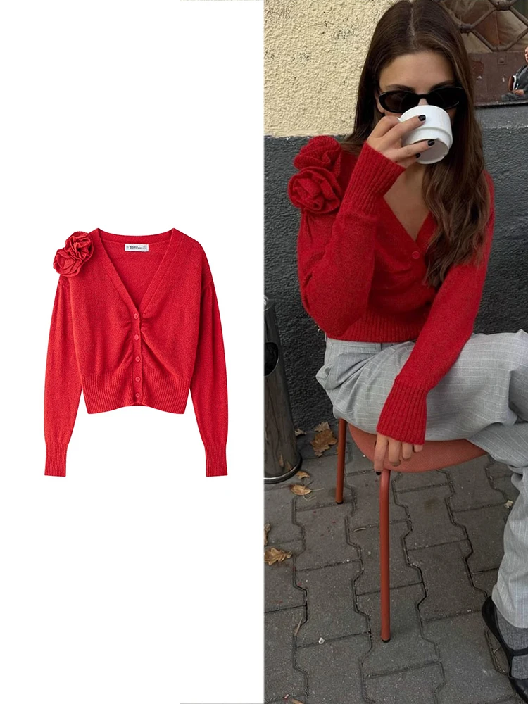 

TRAF Women's Fashion Retro Casual Sweater Pure Color V-Neck Single Breasted Long Sleeve Autumn Red Flower Chic Knit Cardigan