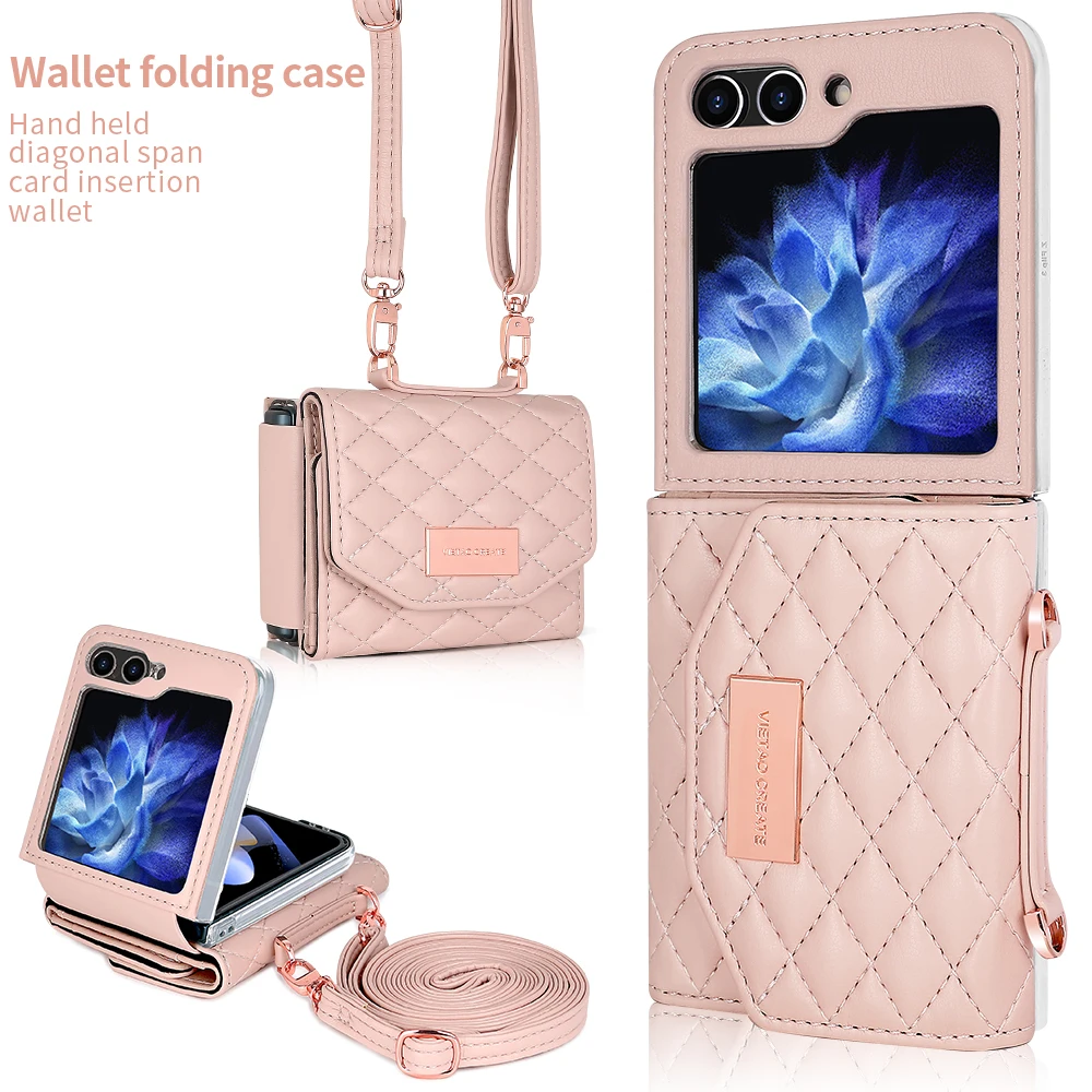 VIETAO crossbody phone cover for samsung galaxy z flip 6, wallet back cover z flip 5 mobile phone case, luxury design z4 z3,pink