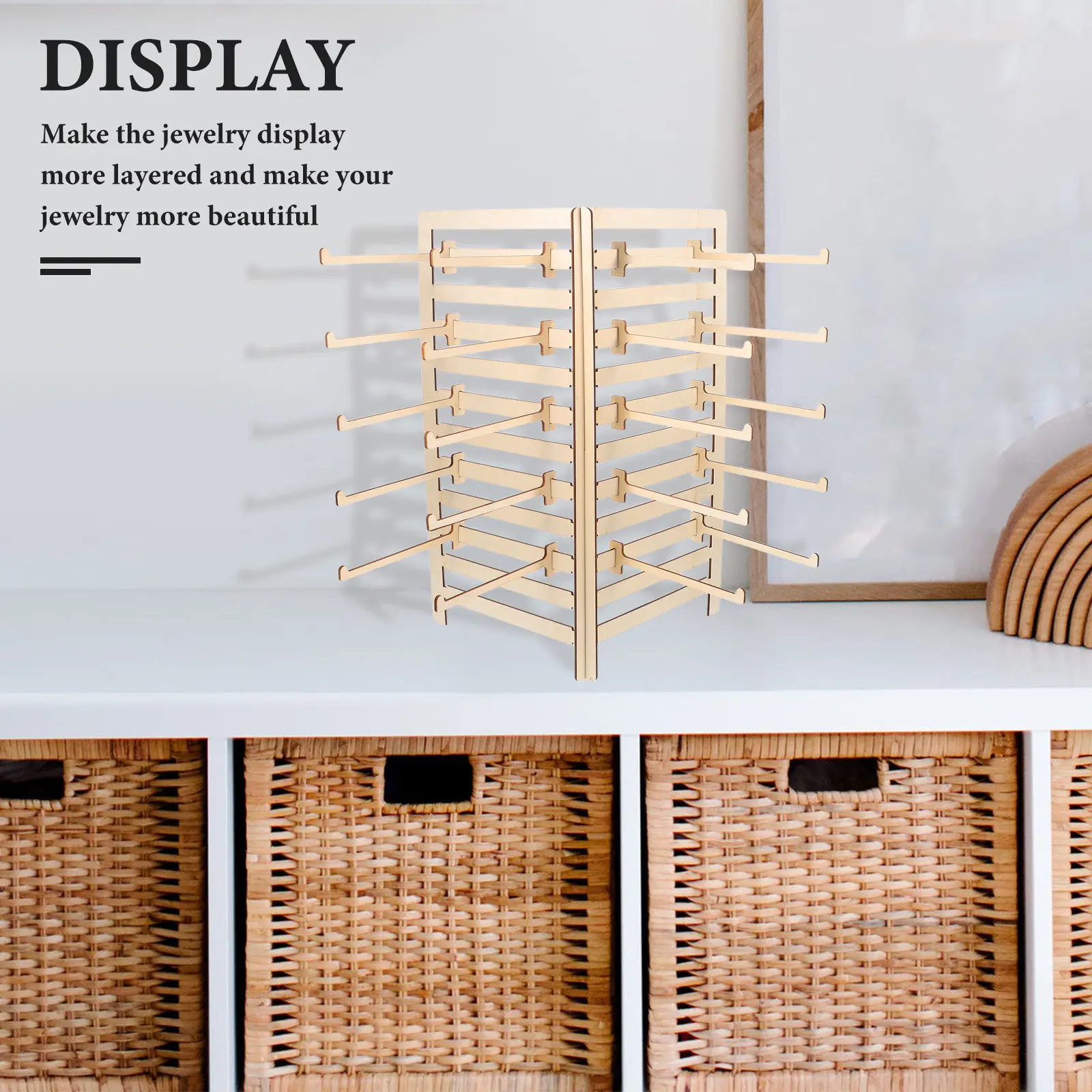 

Деревянная подставка для украшений: компактный настольный дизайн, универсальное хранение для серег, ожерелий, браслетов, колец. Для ювелирных магазинов и дома.