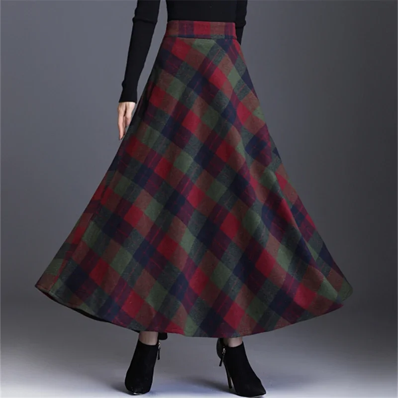 

2023 Woolen Warm S-3XL Thick Plaid Skirts 2023 Winter Women England Style Pockets Midi Pleated A-Line Wool Tartan Skirt F24