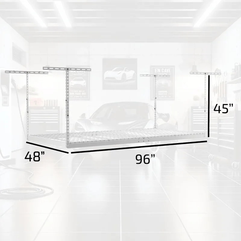 Rack portaoggetti sopraelevato per garage, confezione da 2, 4 x 8, rack da soffitto per garage, scaffalature per organizzazione, mensola sospesa regolabile, bianco