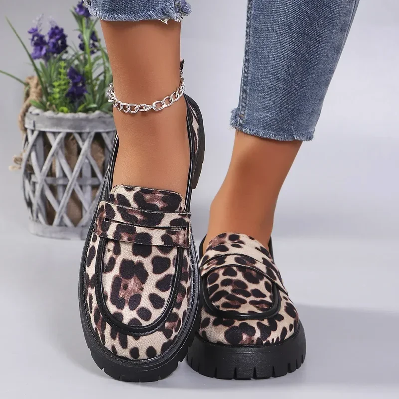 Women Chunky Heels leopard Loafers New Fashion British style Slip On Platform Shoes Woman Thick Bottom Shallow single shoe Pumps