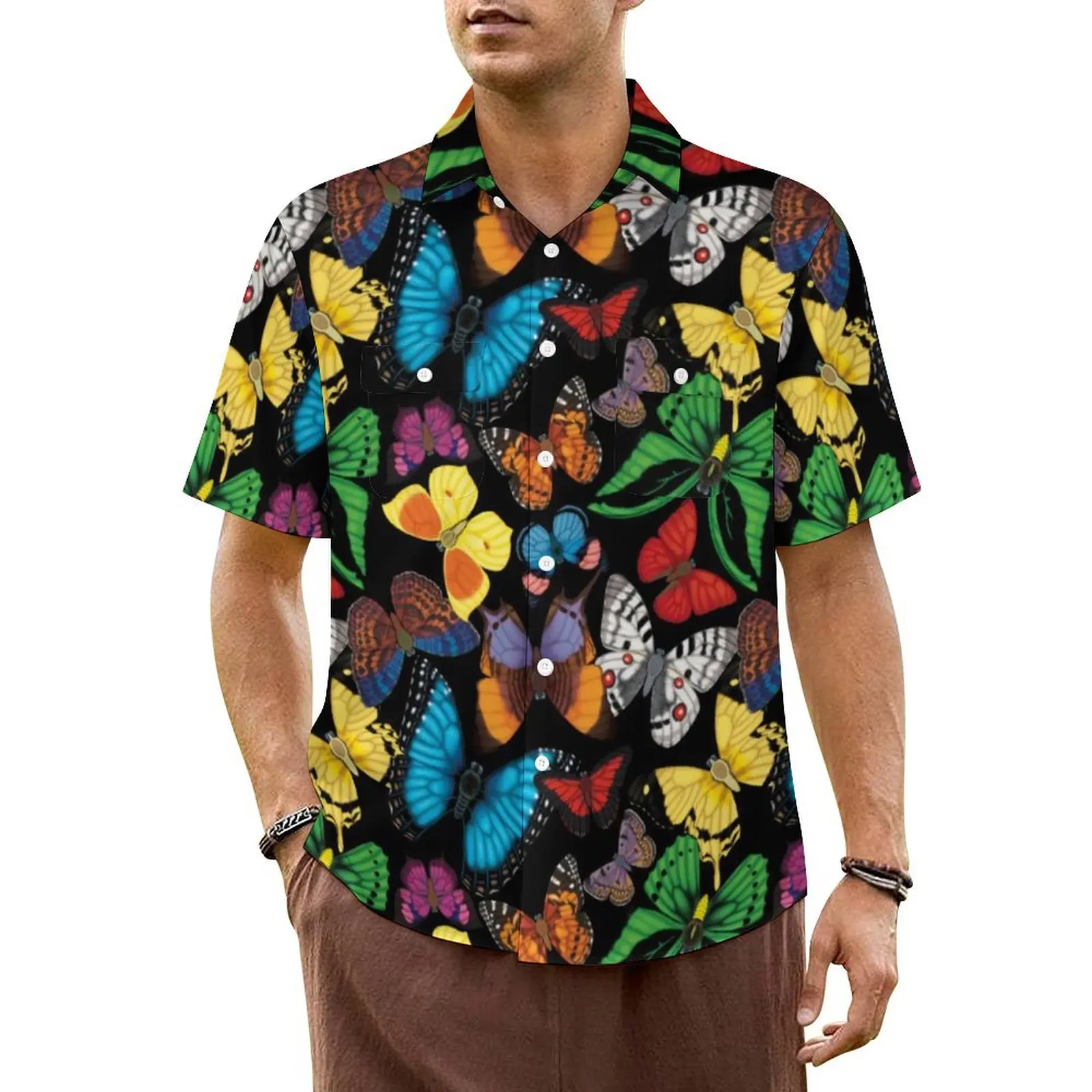 Hawaiian Shirt Vacation Colorful Butterfly Blouses Animal Print Trendy Casual Shirts Men Short-Sleeve Fashion Oversized Clothing