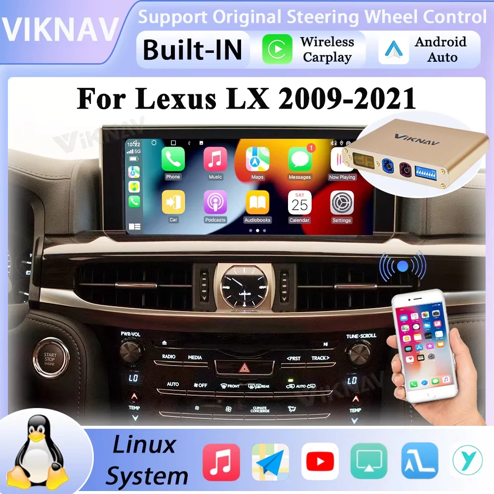 Linux Interface Box for Lexus LX570 2009 -2021 Wireless CarPlay Decoder Android Auto GPS Navigation Original Car Radio Screen