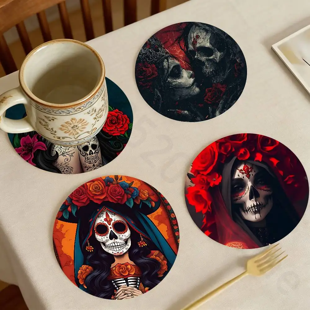 

Mexican Catrina Skull Wooden Cup Coaster Tea Coffee Beverage Colour Printing Cup Mat Home Restaurant Decorations