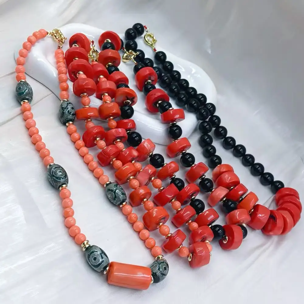 Different Style Vintage Women Africa Jewelry Punk  Black Agate Natural Sea Bamboo Orange Coral Chokers Necklace