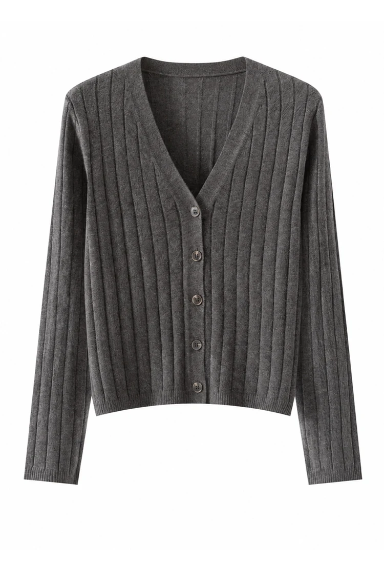 MZ62018 Damen Eleganter Gerippter Strickpullover mit V-Ausschnitt, Langen Ärmeln, Knopfleiste, Schmaler Passform, Modal-Mischung, Frühherbst-Pullover – Detail 12