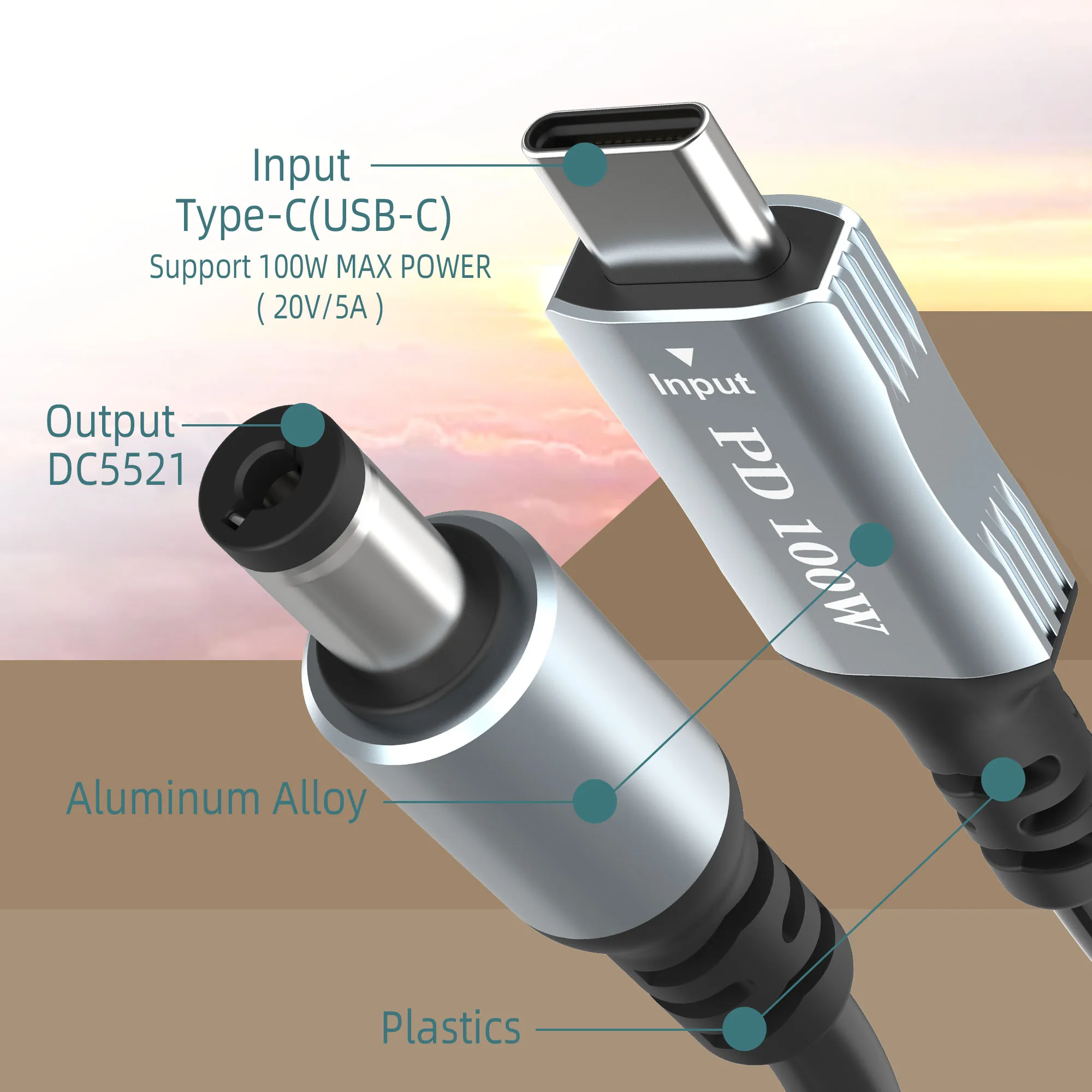 USB C/Type-C to DC 5.5mm x 2.1mm Laptop Power Charging Cable (dc5521), 20V USB Type C Male Input to DC 5521mm Male Cable PD 100W