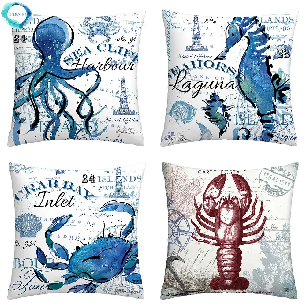 

Blue marine organism printed pattern polyester cushion cover for home living room sofa decorative pillowcase