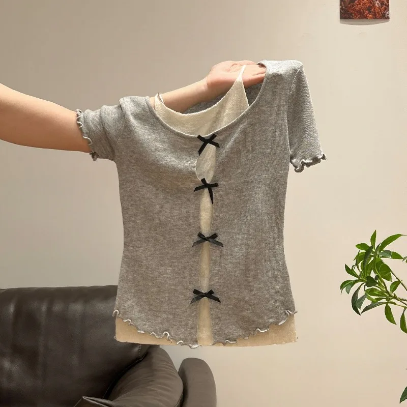 Women Clothing Summer Fashion Slim Bow Color Blocking Refreshing Young Style Sweet Female Short Sleeve Versatile Pullovers Tops