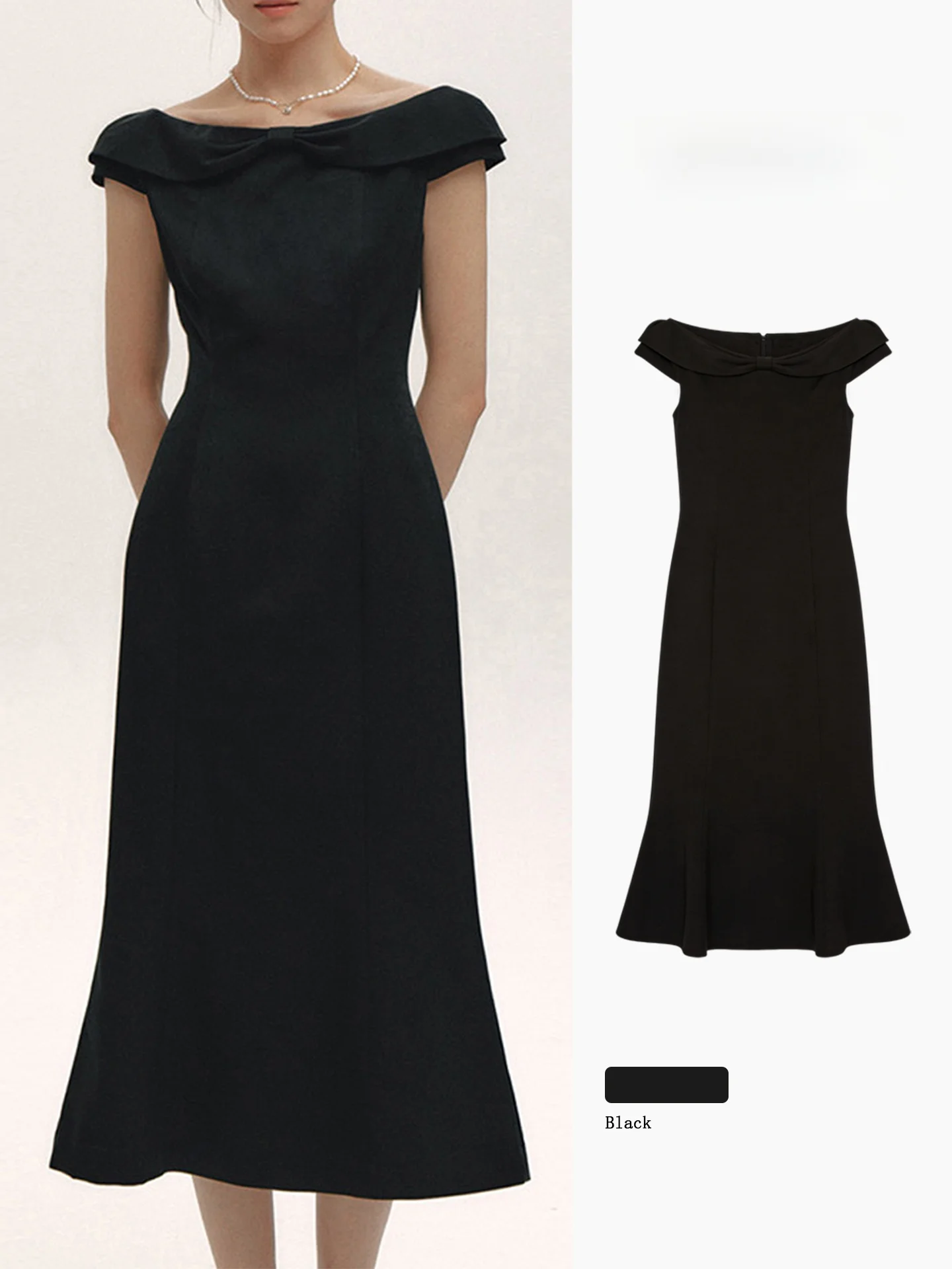 Elegant Black One-Shoulder Midi Dress Women's Summer Slimming Commute Hepburn Style High Waist Polymide Fiber Short Sleeve