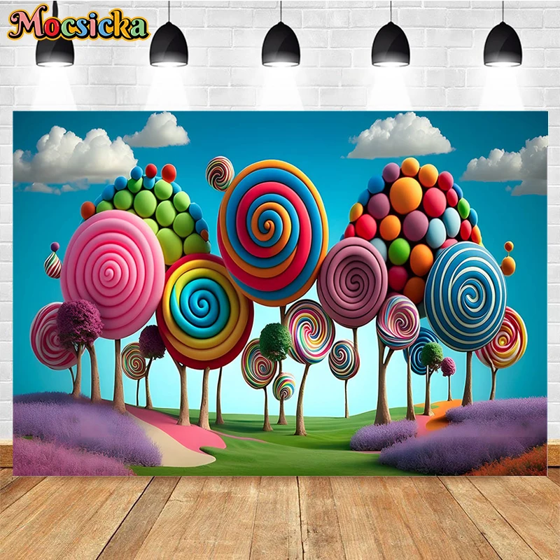 

Mocsicka 3d Birthday Background Photography Candy Forest Decoration Baby Shower Cake Smash Photo Backdrop Banner