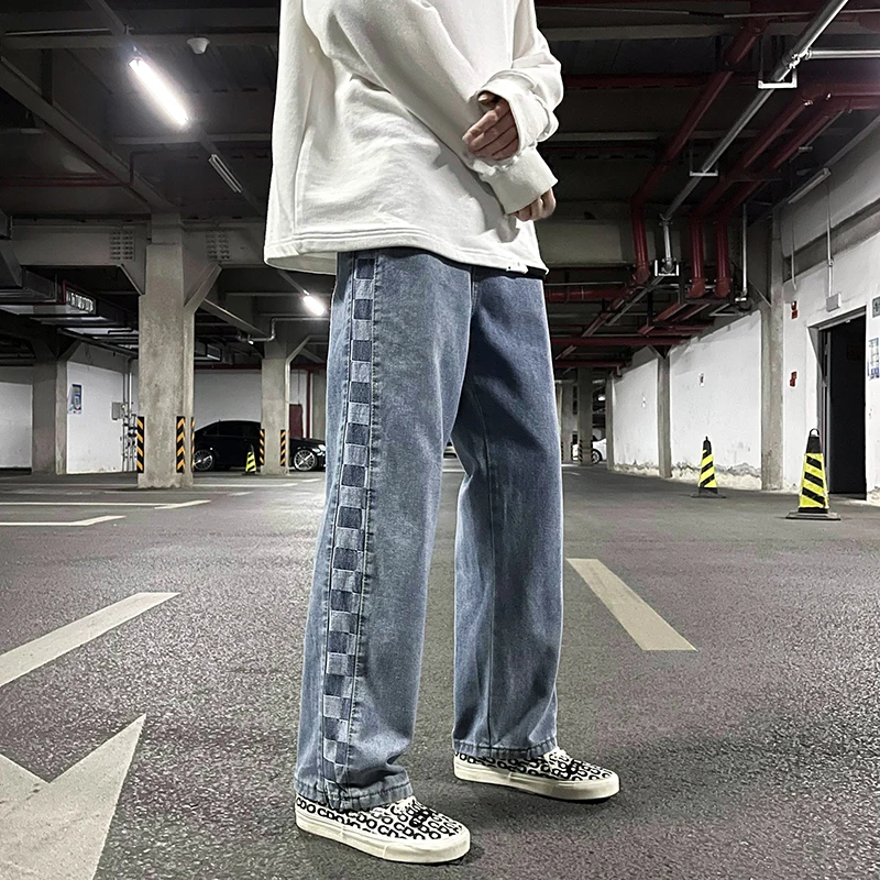 

Trendy Large Size Plaid Splicing Men's Jeans Casual Loose BF Straight Leg Old Dad Pants Summer Long Youth Popular Style