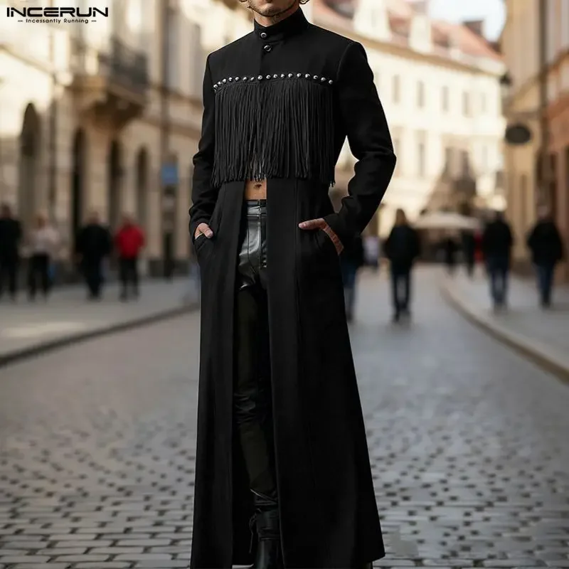 

INCERUN Men Long Style Shirt Tassel Patchwork Stand Collar Long Sleeve Male Cardigan Tops Streetwear Fashion Casual Camisas 2026