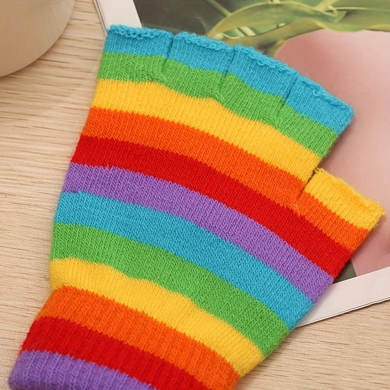 Rainbow Striped Knit Gloves, Thickened Warm Half-Finger Gloves, Autumn and Winter Cold-Proof Gloves for Men and Women