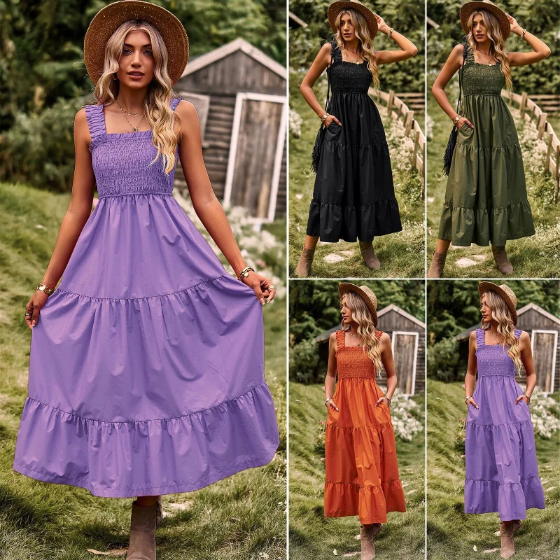 

Self-developed Design Spaghetti Strap Dress 2025 Spring Summer Solid Color Ruffle Vacation Dress