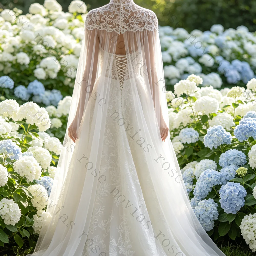 Customized Strapless Lace Corset A Line Wedding Dress Detachable High Neck Tulle Cape Floral Applique Chapel Train Bridal Gown
