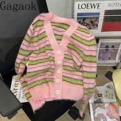 Gagaok Sweaters Lazy Contrast Stripe Knitted Cardigan Women's 2023 Autumn New Soft V-Neck Full Sweater Coat Streetwear Warm Tops