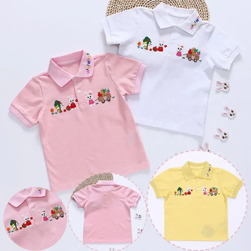 Summer 2023 New Girl Cartoon Garden Bunny Short Sleeve T-shirt Polo Shirt Kids Top