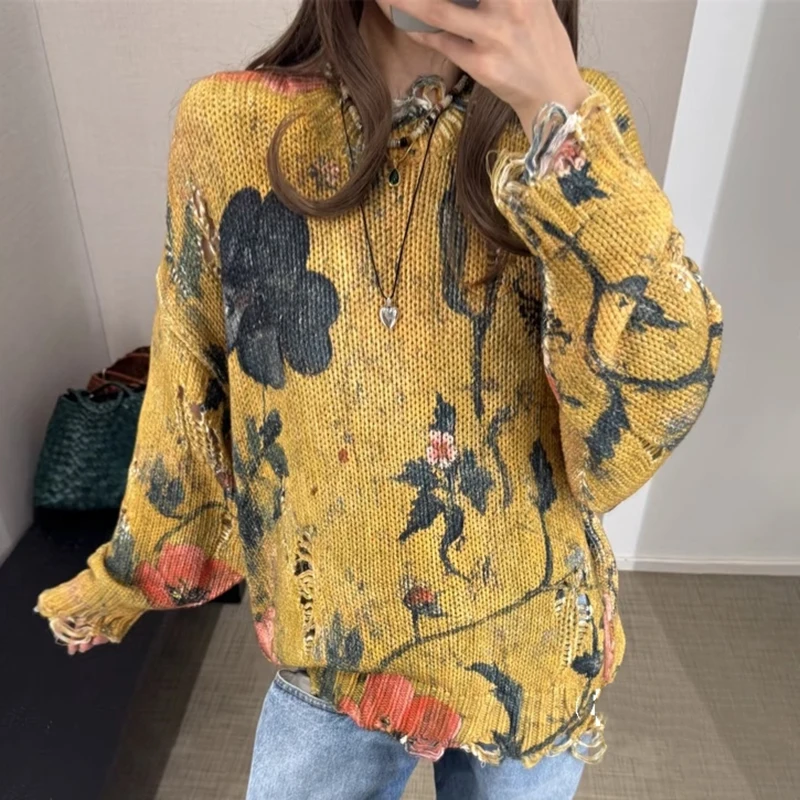 

Women's sweater 2025 Winter new ink printed round neck long sleeved top Elastic pure cotton pullover Vintage ripped knit sweater
