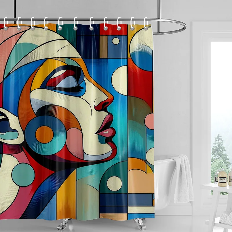 Nordic Simple Style Morandi Shower Curtain Abstract Plant Character Pattern Bathroom Bathtub Dual-Use Shower Curtain