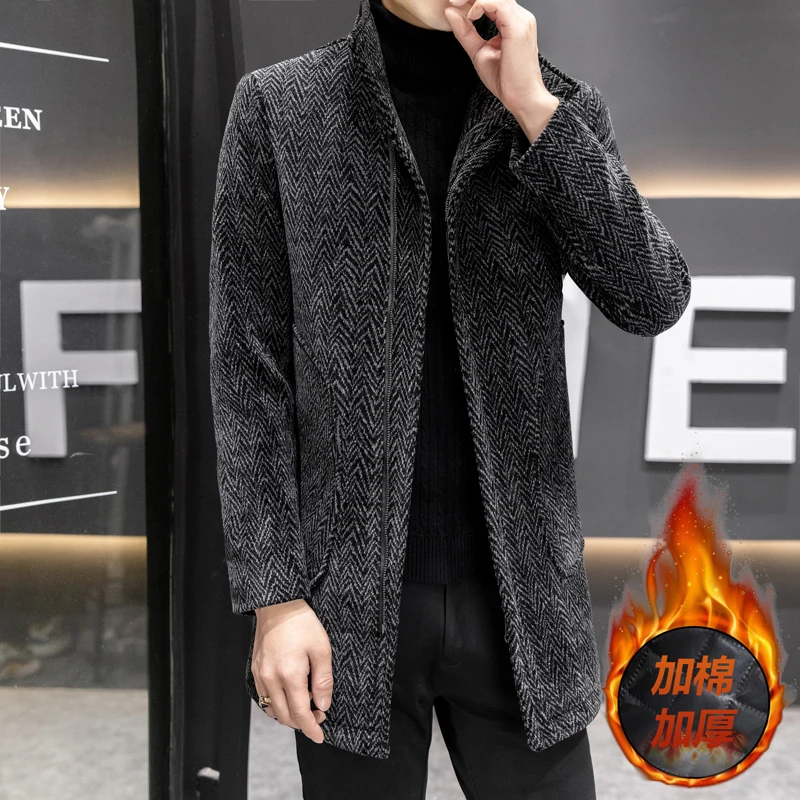 Korean Medium Length Woolen Jackets Men Versatile Casual Business Trench Coat Slim Thick Warm Streetwear Windbreaker Overcoat