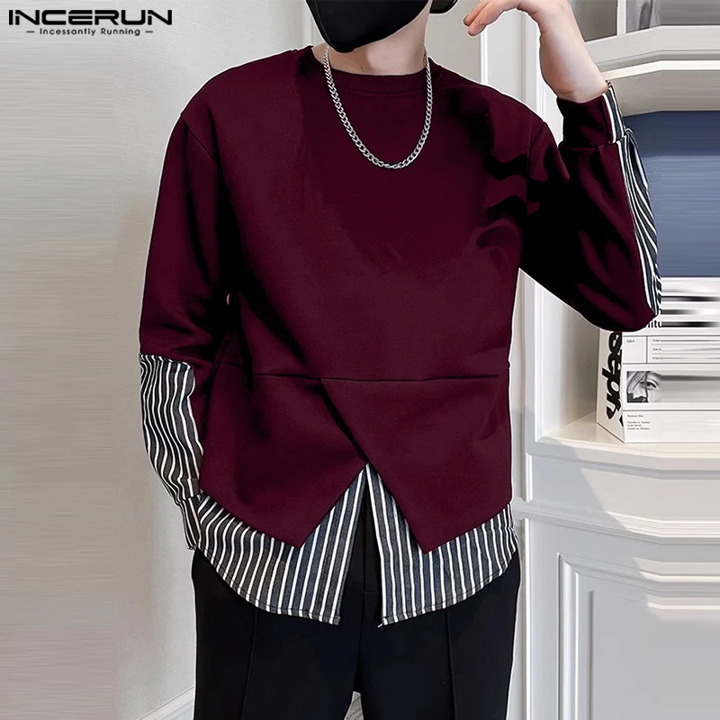 INCERUN Casual Simple Men's Tops Fake Two-piece Striped Patchwork Hem T-shirts Handsome Male Slit Design Long Sleeved Camiseta