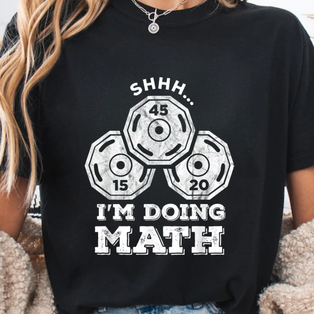 Men Shhh I'm Doing Math Weight Plate Graphic Tee Funny Gym Lift Humor Cotton Short Sleeve Fitness Workout Casual Sports T Shirt