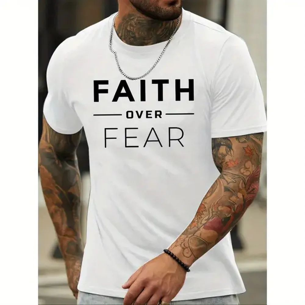 100% Cotton FAITH OVER FEAT Inspirational Print, Men'S Crew Neck Short Sleeve T-Shirt, Summer Casual Comfort Top Golf Gift T-Shirt For Men And Women