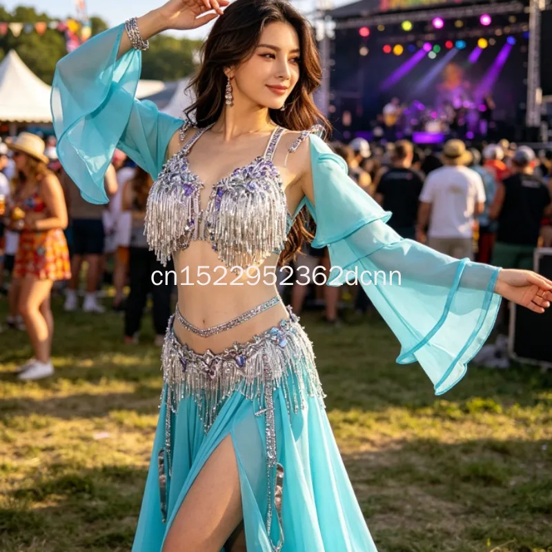 Belly Dancing Clothing Women's Customized High-end Luxury AB Stones Tassel Performance Set Oriental Dance Competition Outfit