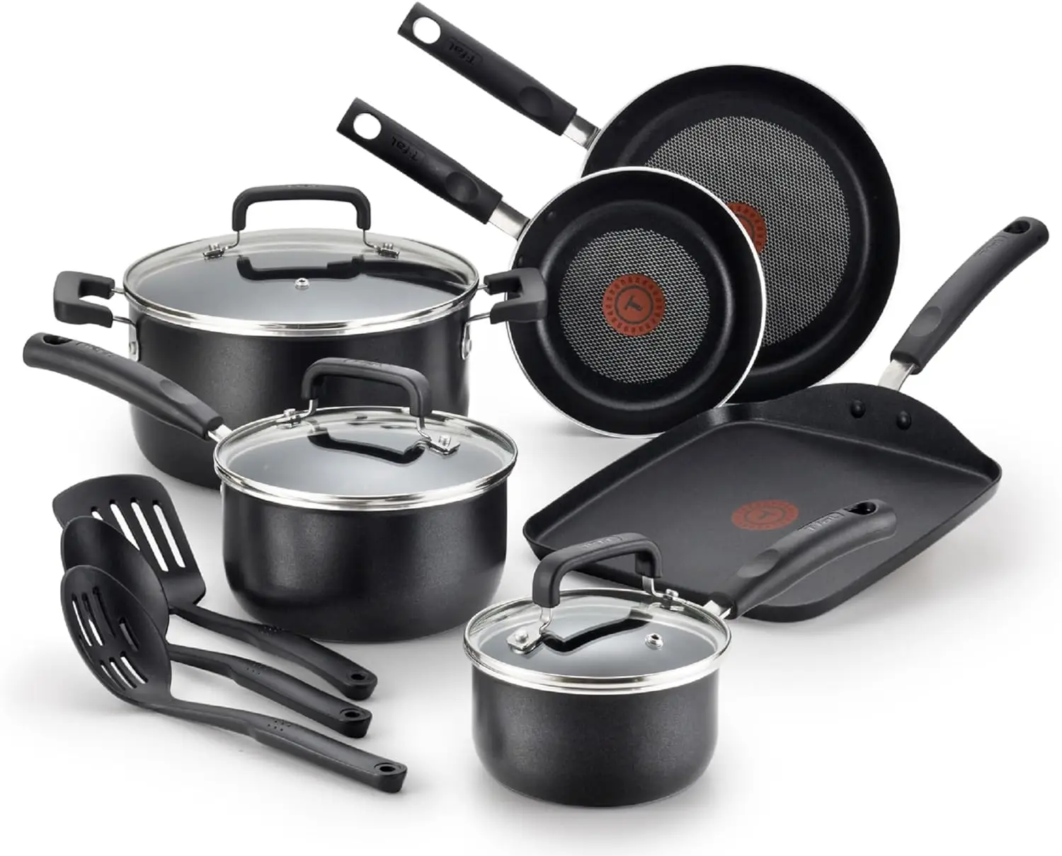 

Signature Nonstick Cookware Set 11/12 Piece Oven Safe 350F Pots and Pans, Dishwasher Safe Black/Gray