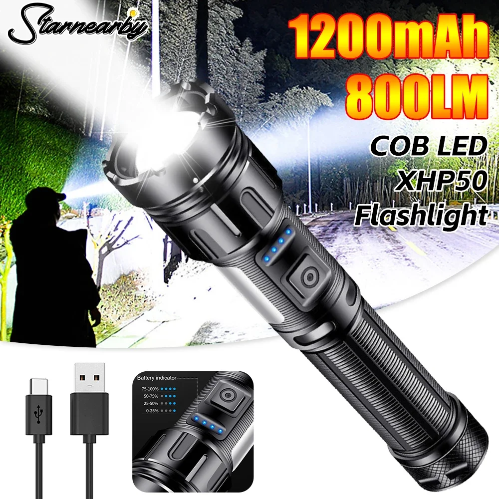 XHP50 Powerful LED Flashlight Emergency Flashlights USB Rechargeable COB Torch Light Outdoor Waterproof Zoom Camping Lantern