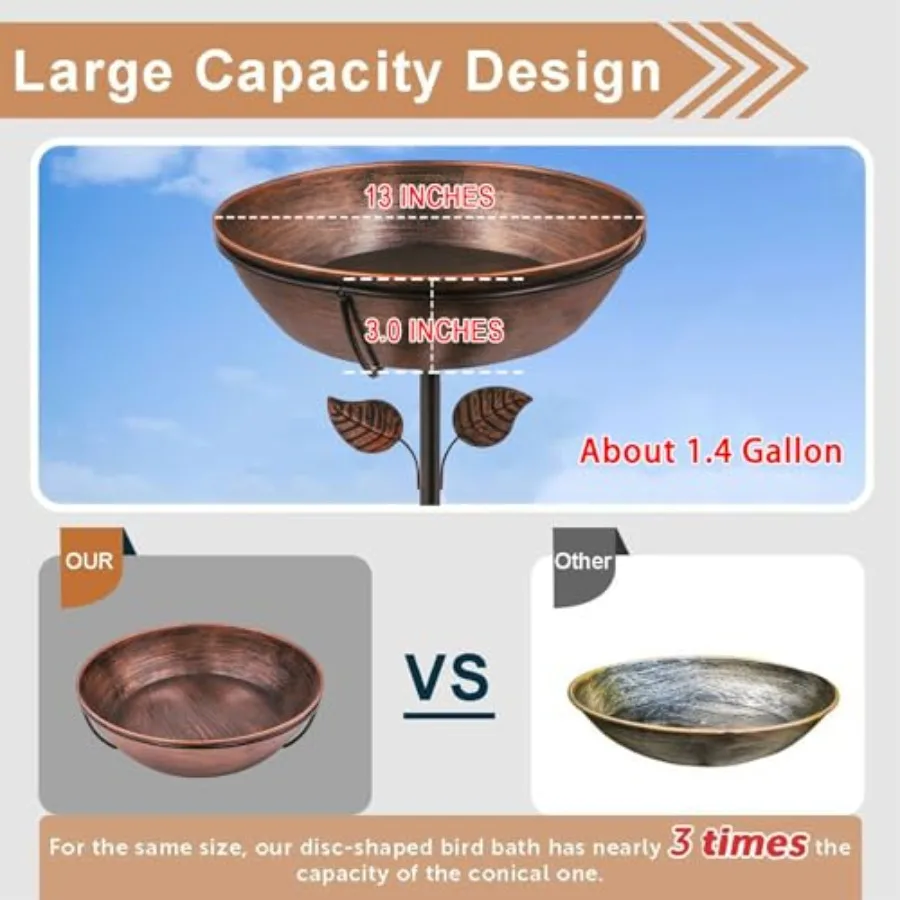 Outdoor metal bird bath with 3-inch depth, removable 13-inch diameter bowl, stable stake, easy-clean design, gray finish, 1.4-g