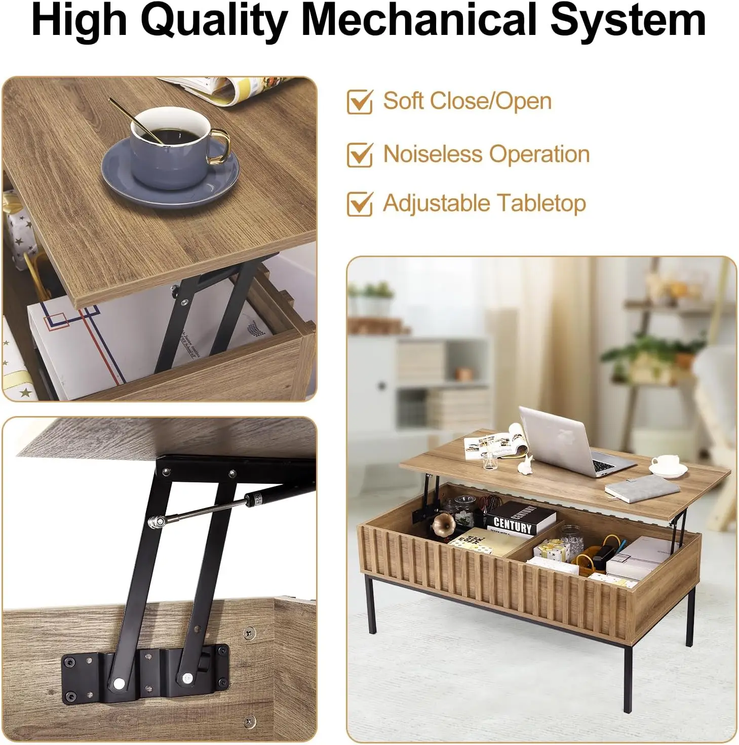 43" Farmhouse Lift-Up Top Coffee Table - Brown Wood Table with WavyGrain&HiddenStorage Compartment,Living Room/Office Furniture