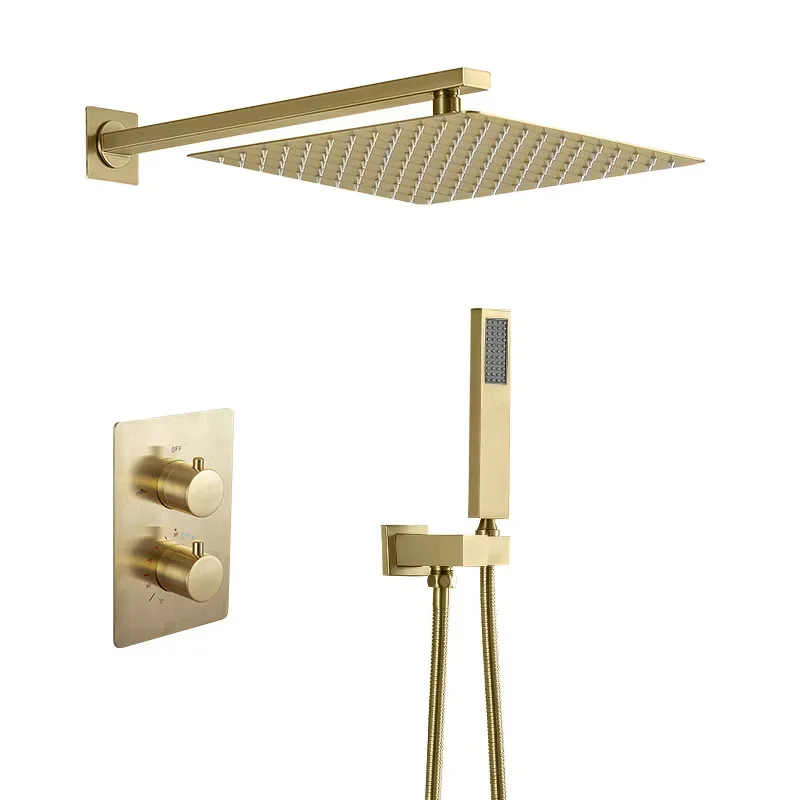 

Bathroom Thermostatic Shower Set Brass Brushed Gold Rainfall Shower Faucet Wall Mounted Thermostatic Shower Mixer 8-12"